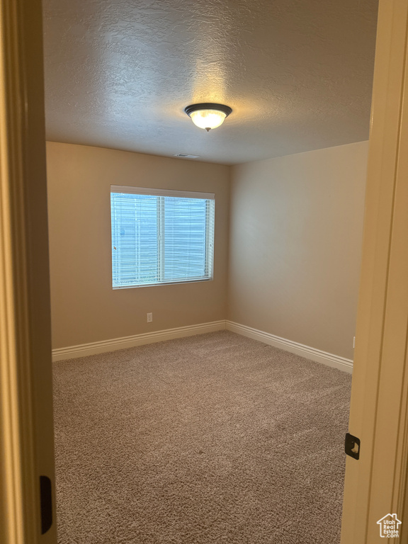 Empty room with visible vents, carpet, baseboards, and a textured ceiling