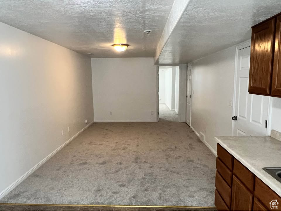 Below grade area featuring a textured ceiling and light colored carpet