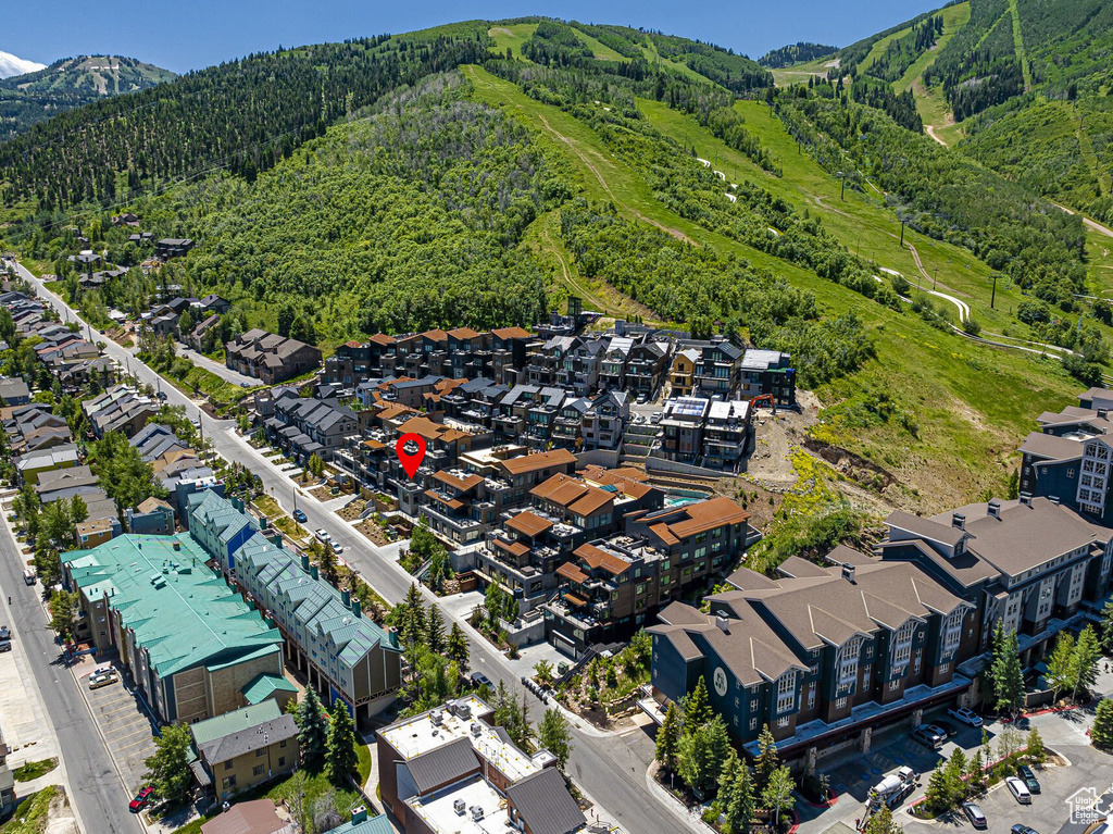 Aerial perspective of suburban area featuring a mountain backdrop and a heavily wooded area