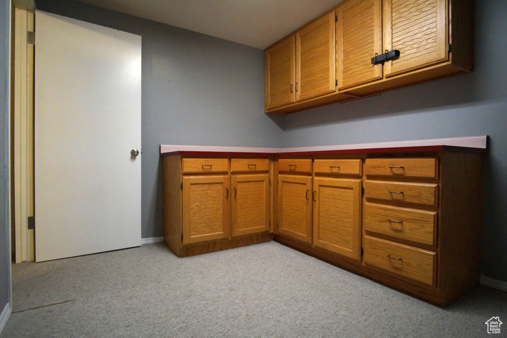 Laundry area featuring baseboards and light carpet