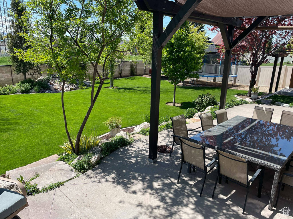 View of patio featuring a swimming pool, outdoor dining area, a fenced backyard, and a trampoline