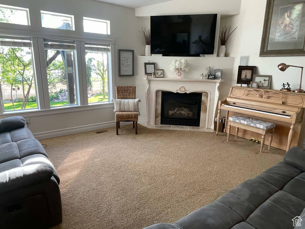 Living area featuring baseboards, visible vents, carpet, and a fireplace