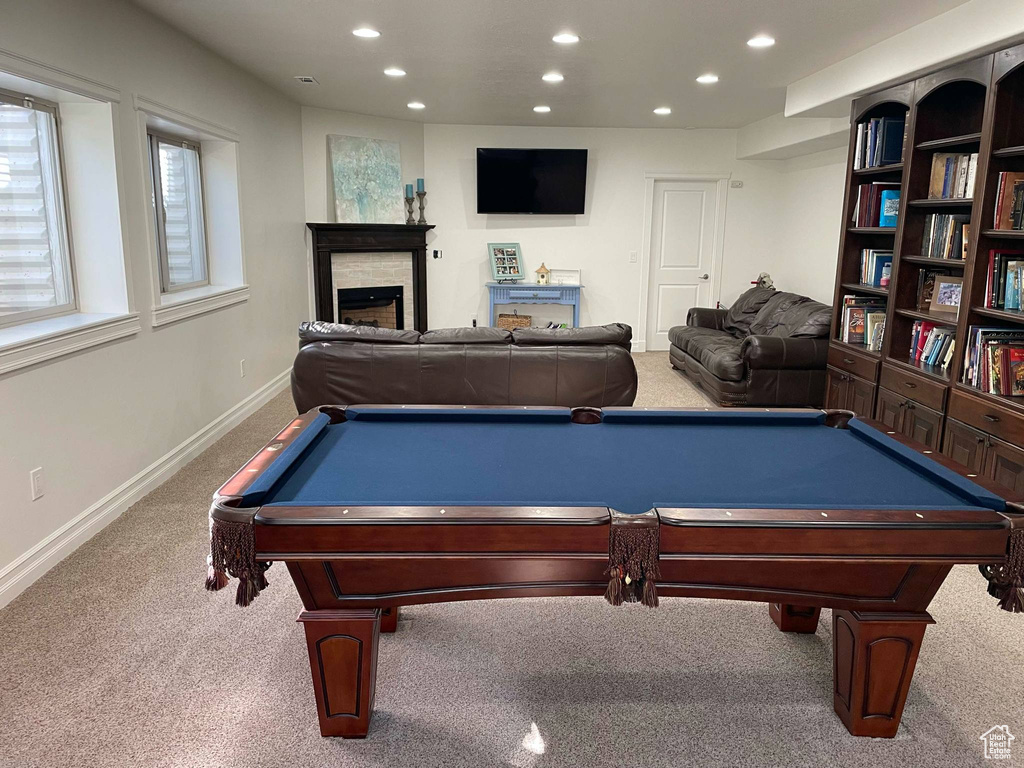 Recreation room featuring carpet floors, recessed lighting, and billiards