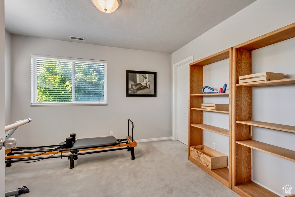 Exercise room with light carpet, baseboards, and visible vents