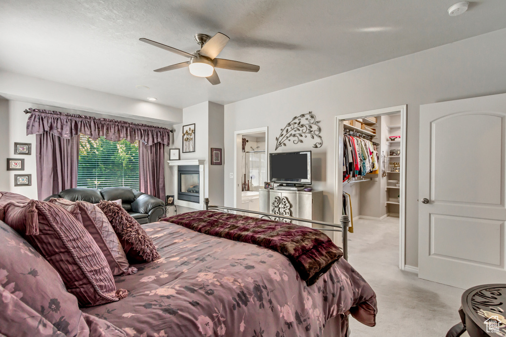 Bedroom featuring a walk in closet, connected bathroom, a ceiling fan, light carpet, and a closet