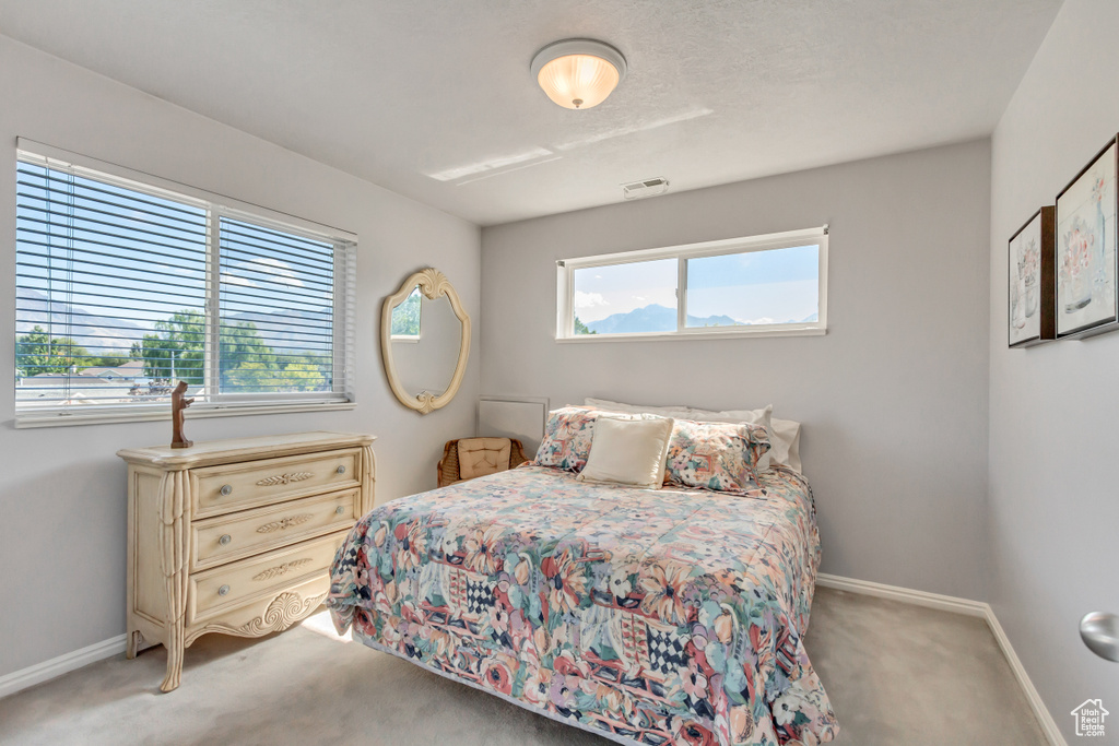 Bedroom featuring carpet flooring, baseboards, and visible vents