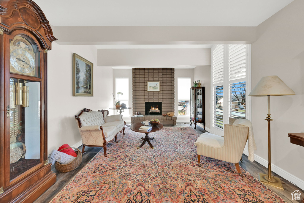 Living room featuring baseboards, a fireplace, and wood finished floors