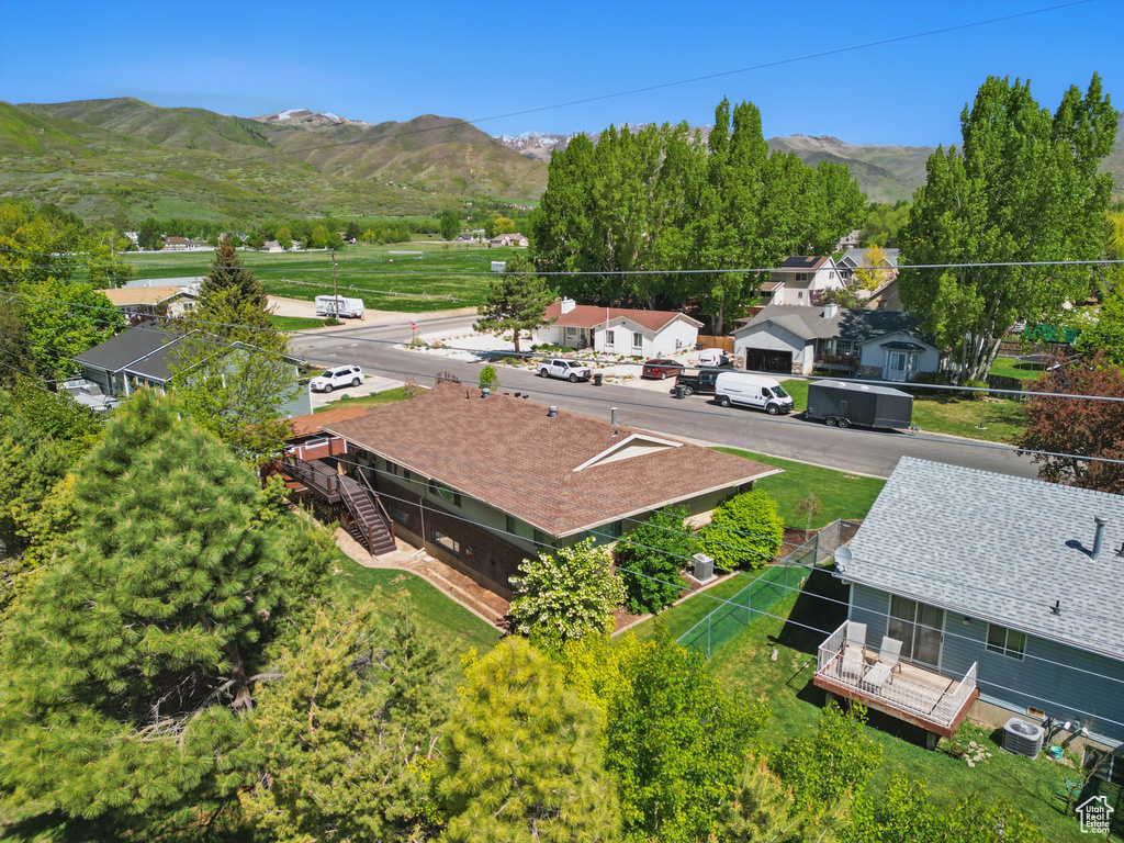 Aerial view of residential area with mountains