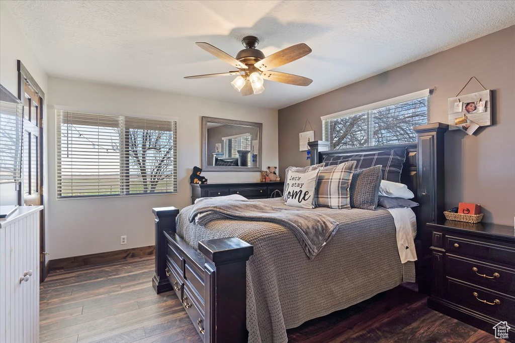 Bedroom featuring dark wood-type flooring, baseboards, ceiling fan, and a textured ceiling