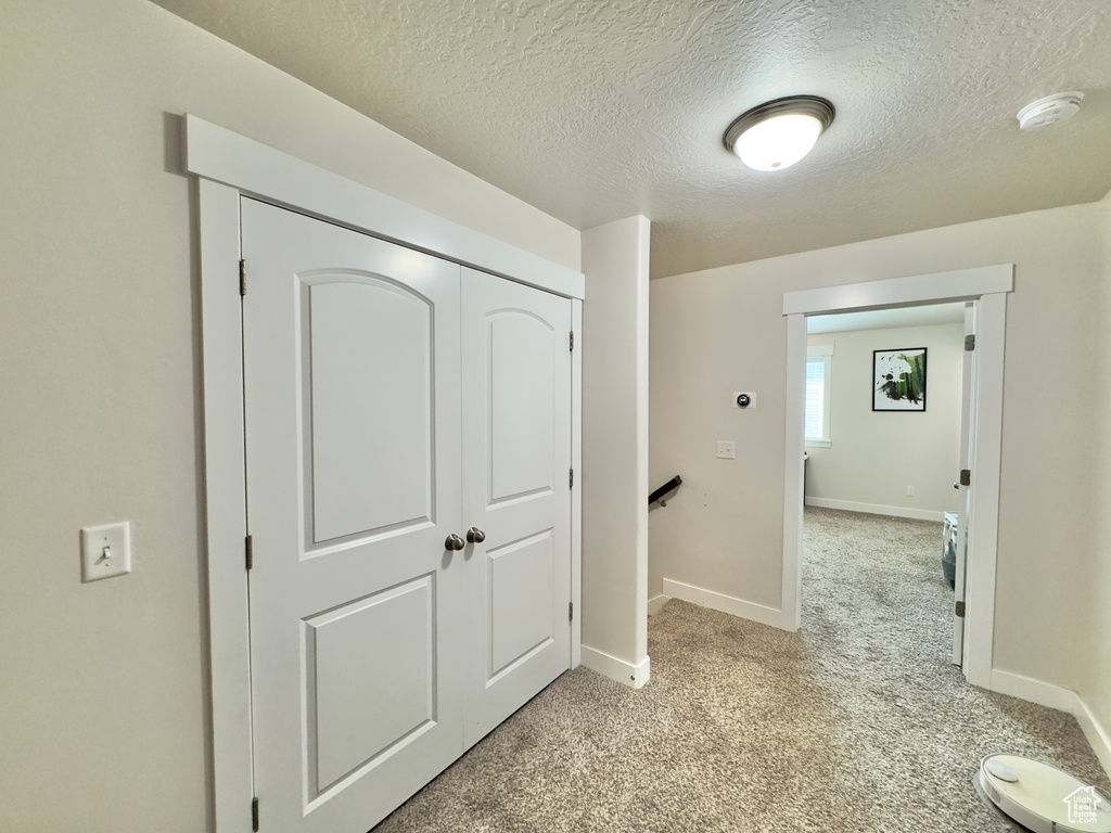 Interior space with light carpet, baseboards, and a textured ceiling