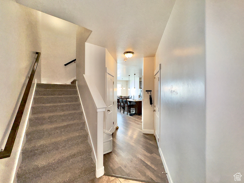 Staircase featuring baseboards and wood finished floors