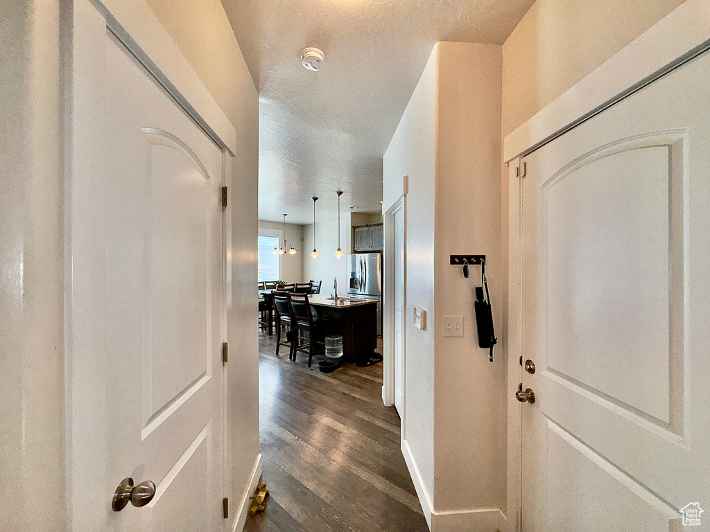 Foyer entrance with dark wood-style floors, baseboards, and a textured ceiling