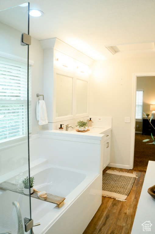 Full bathroom featuring vanity, plenty of natural light, baseboards, and wood finished floors