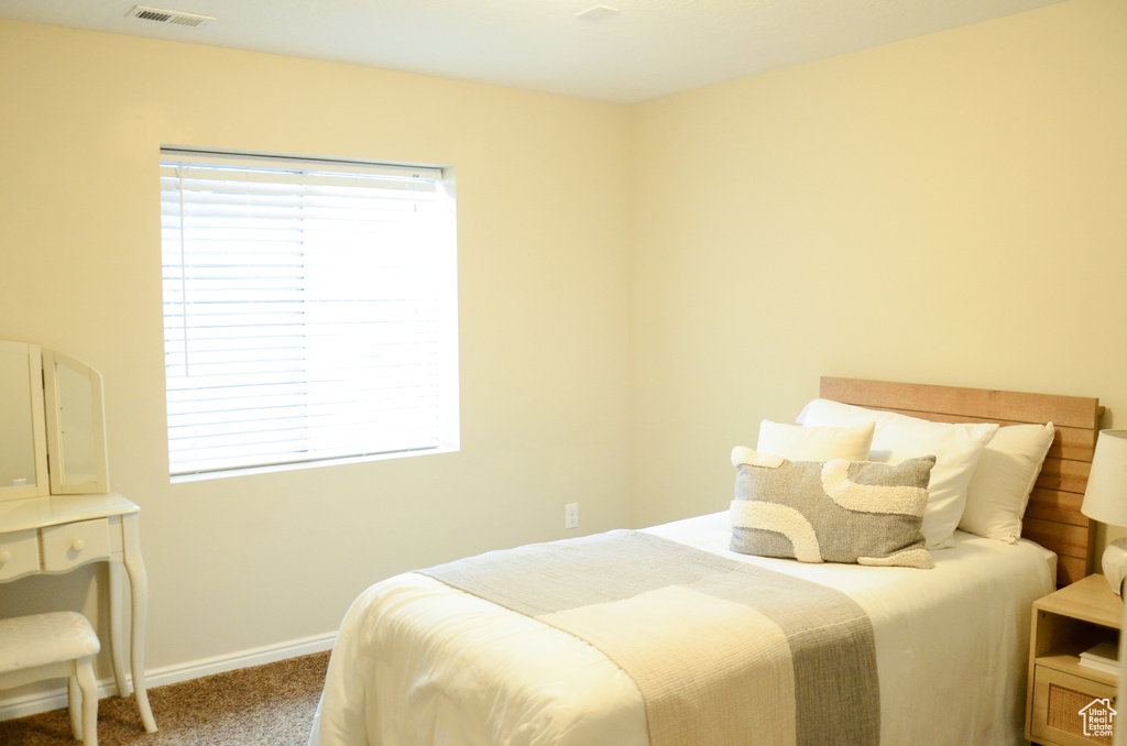 Carpeted bedroom with baseboards, visible vents, and multiple windows