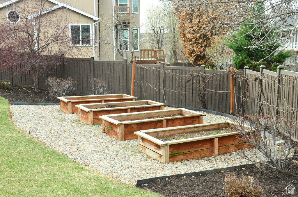 View of yard with a fenced backyard and a vegetable garden