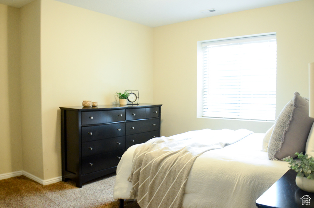 Bedroom with carpet floors and baseboards