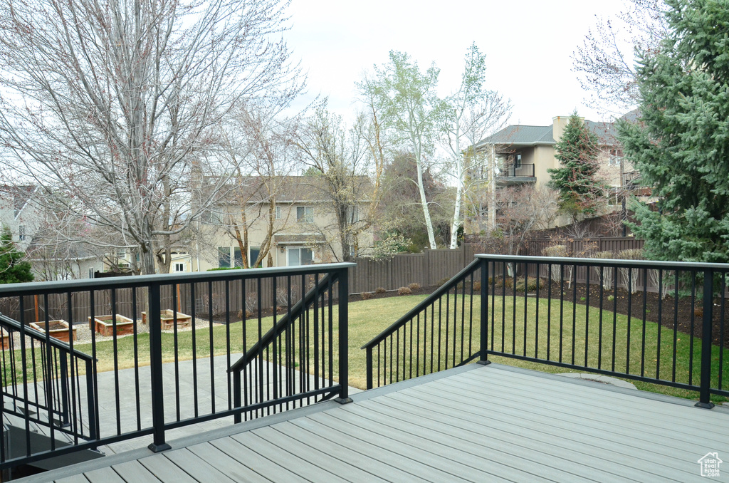 Deck with a lawn and a fenced backyard
