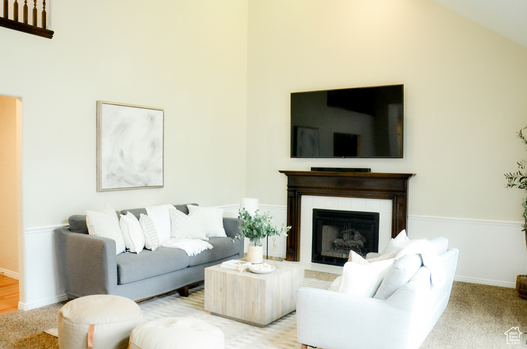 Living area featuring baseboards, high vaulted ceiling, and a fireplace