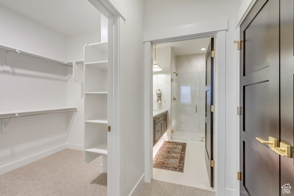 Walk in closet featuring light colored carpet