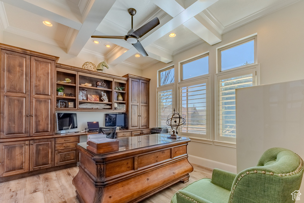 Office area with light wood-type flooring, ceiling fan, beam ceiling, and built in study area
