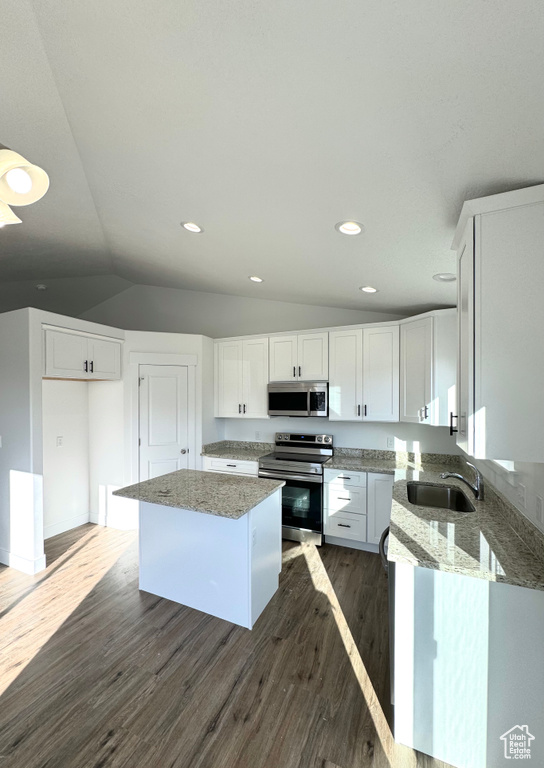 Kitchen with stainless steel appliances, dark wood-type flooring, a sink, light stone counters, and a center island