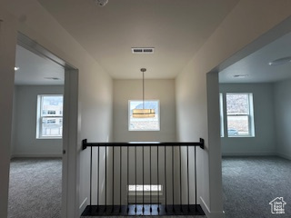 Stairs featuring baseboards, carpet floors, and visible vents