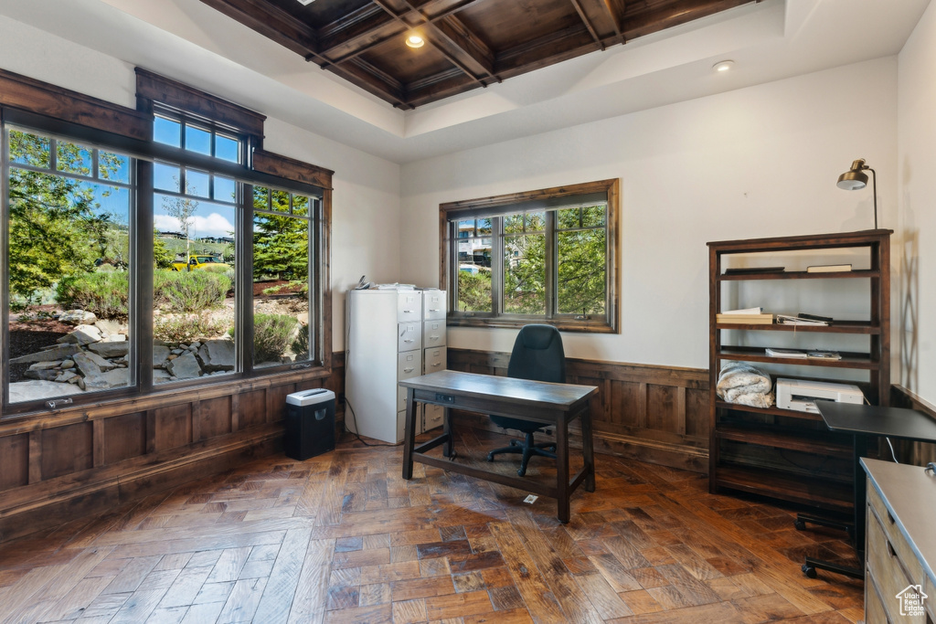 Office space featuring coffered ceiling, a wainscoted wall, beam ceiling, recessed lighting, and wooden walls