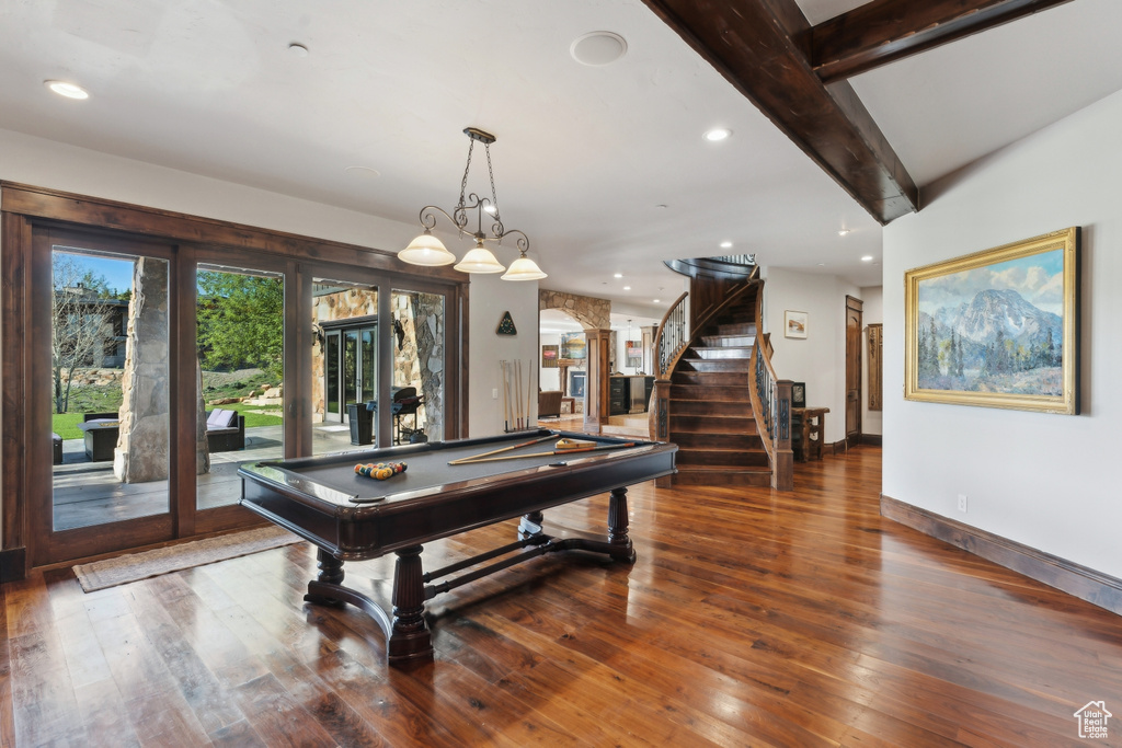 Rec room with billiards table, wood-type flooring, recessed lighting, baseboards, and french doors