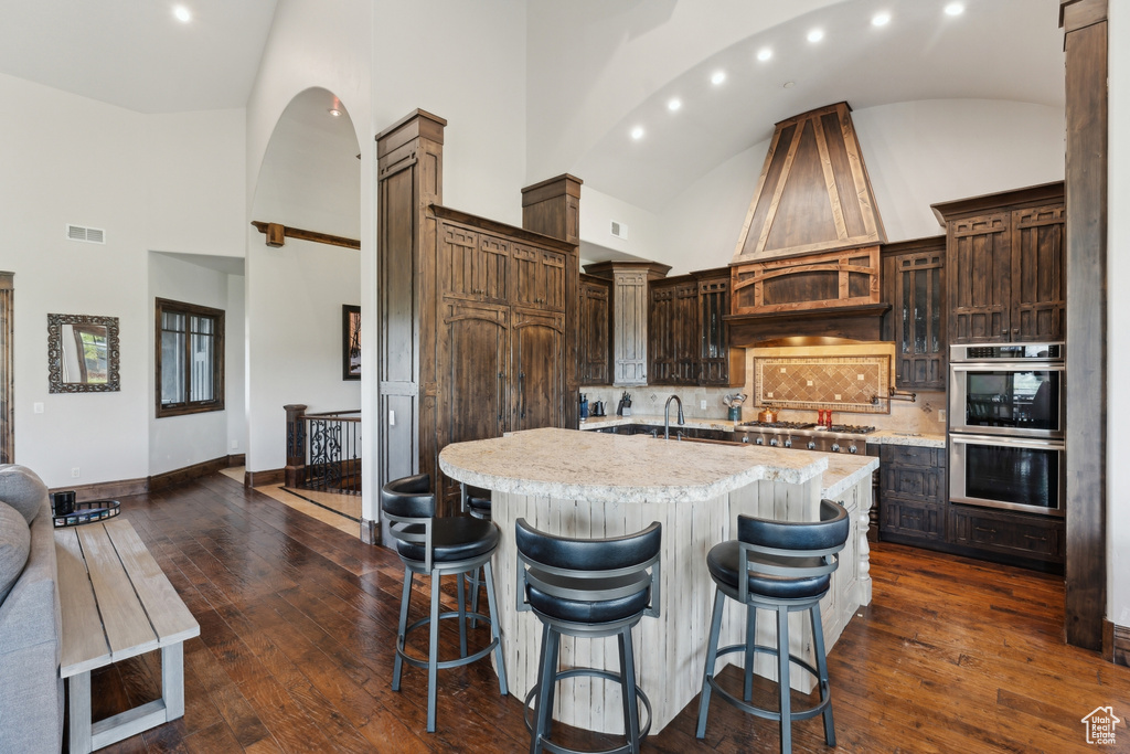 Kitchen with appliances with stainless steel finishes, high vaulted ceiling, recessed lighting, a center island with sink, and dark wood-style flooring