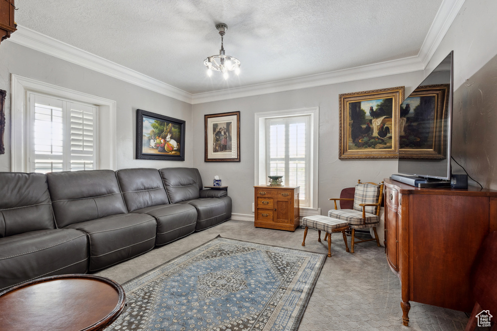 Living room featuring ornamental molding, a notable chandelier, and light colored carpet