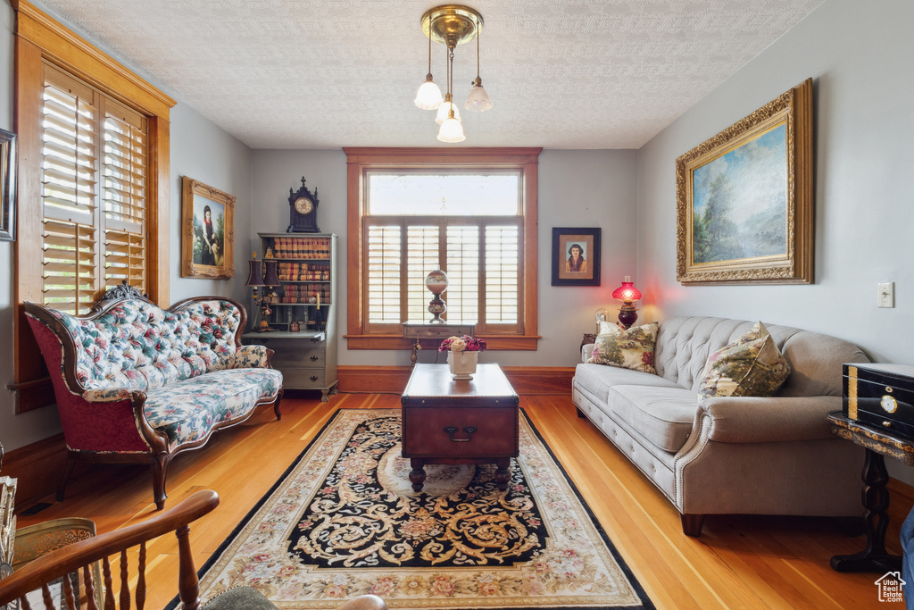 Living area with a textured ceiling and wood finished floors