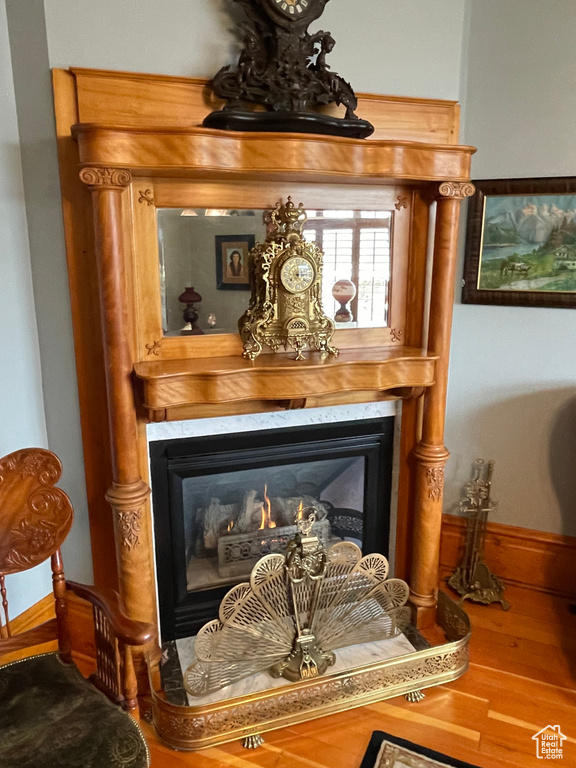 Interior details with baseboards, wood finished floors, and a premium fireplace