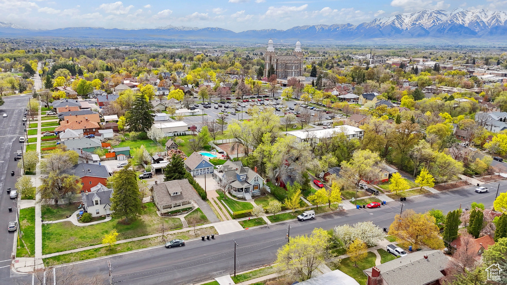 Drone / aerial view featuring a residential view and a mountain view