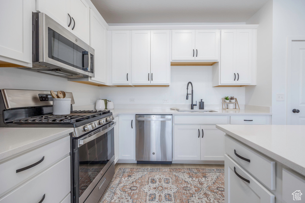 Kitchen featuring white cabinetry, light countertops, a sink, and stainless steel appliances