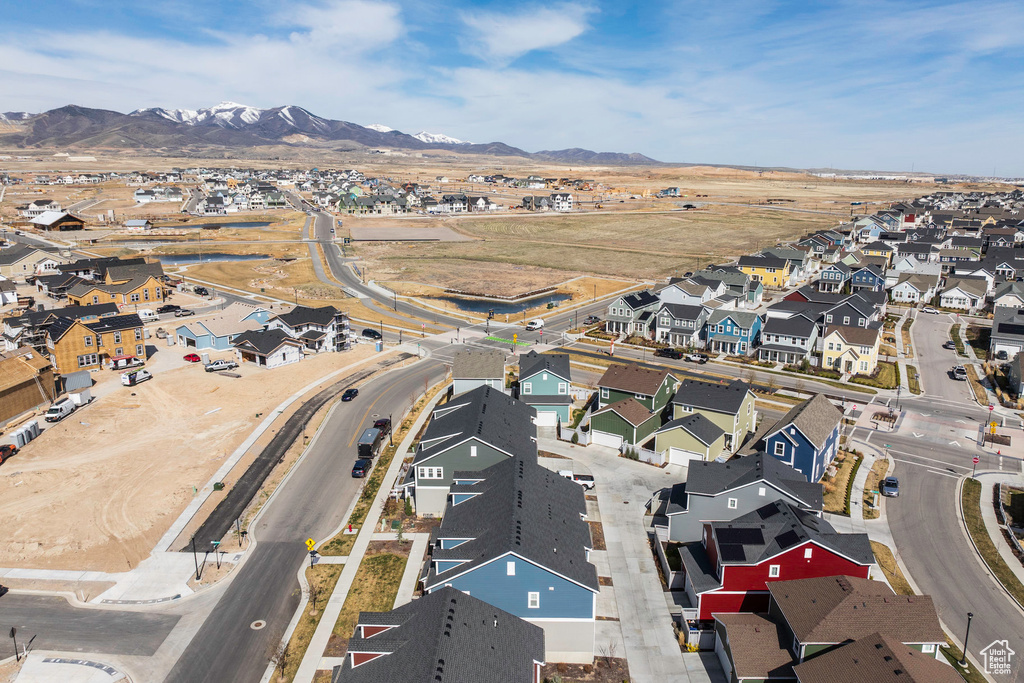 Drone / aerial view featuring a residential view and a mountain view