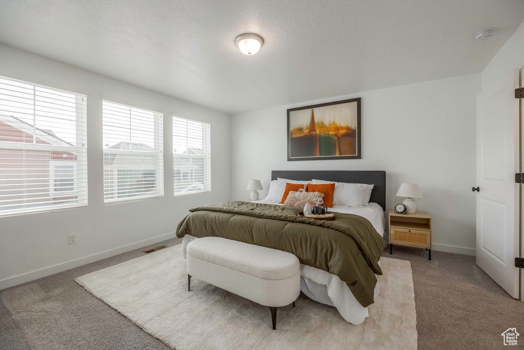 Bedroom featuring baseboards, visible vents, and carpet floors