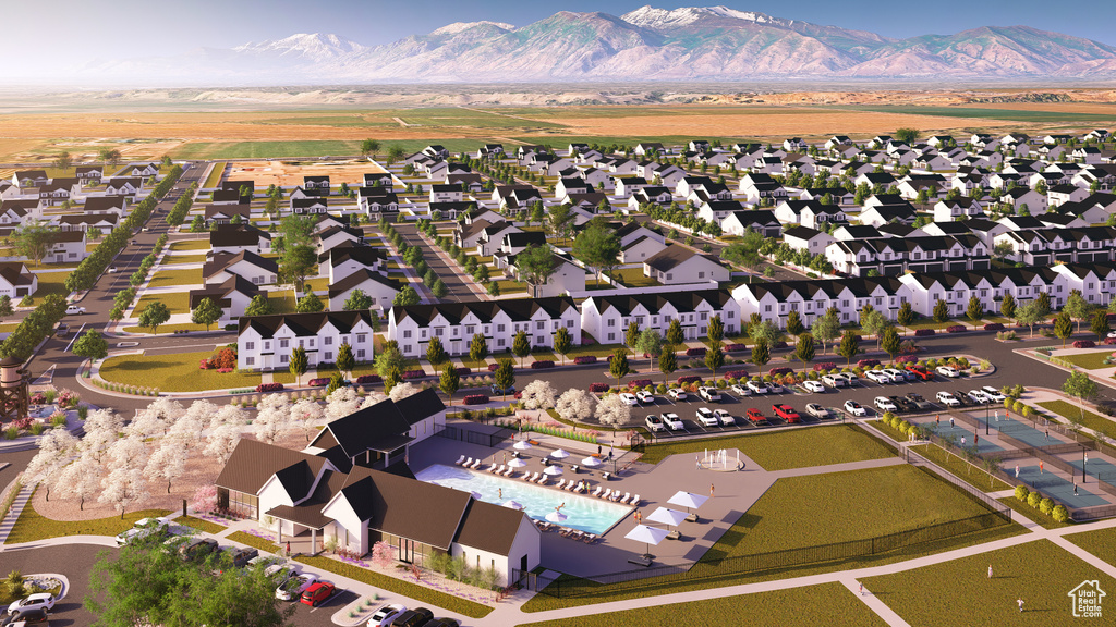 Bird's eye view featuring a mountain view and a residential view