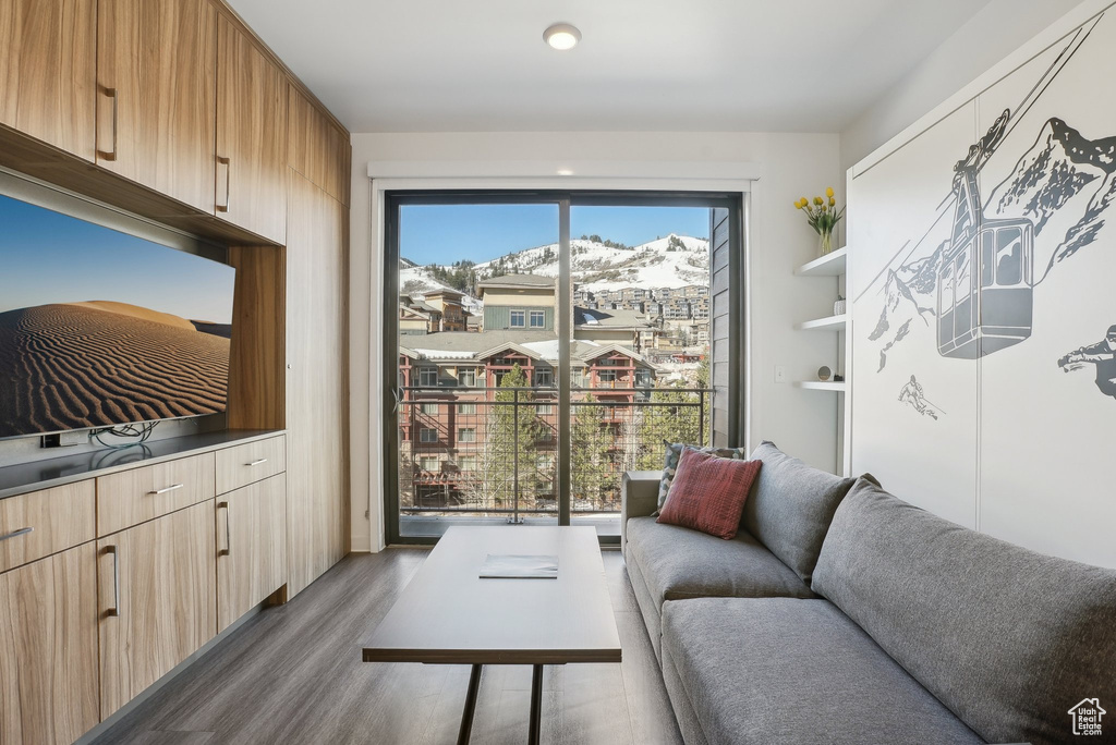 Living room featuring wood finished floors and a mountain view