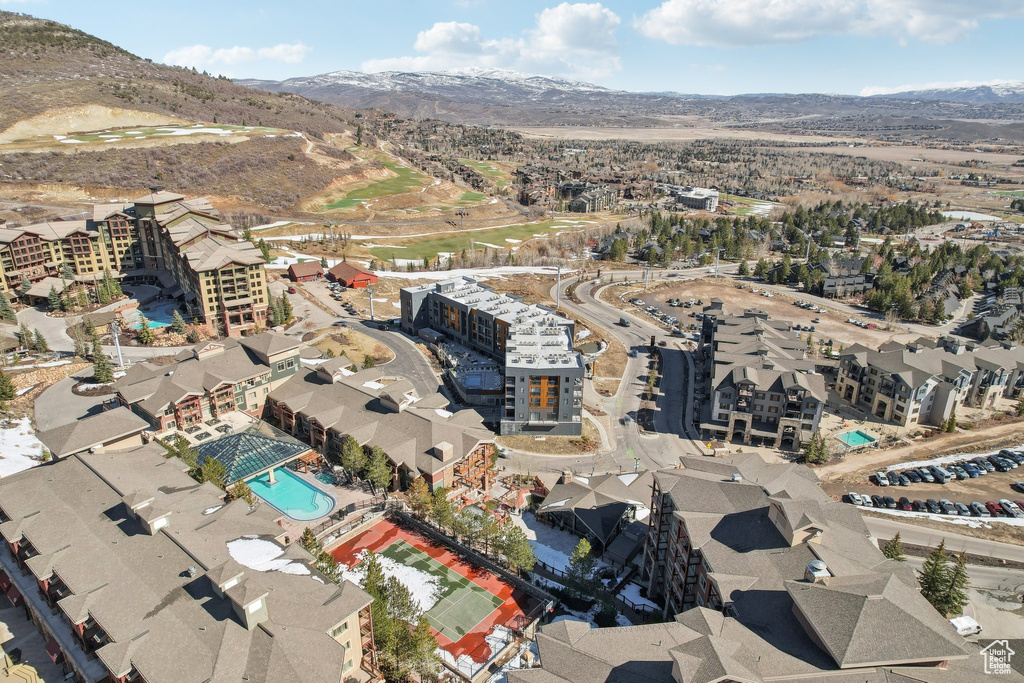 Aerial view featuring a mountain view