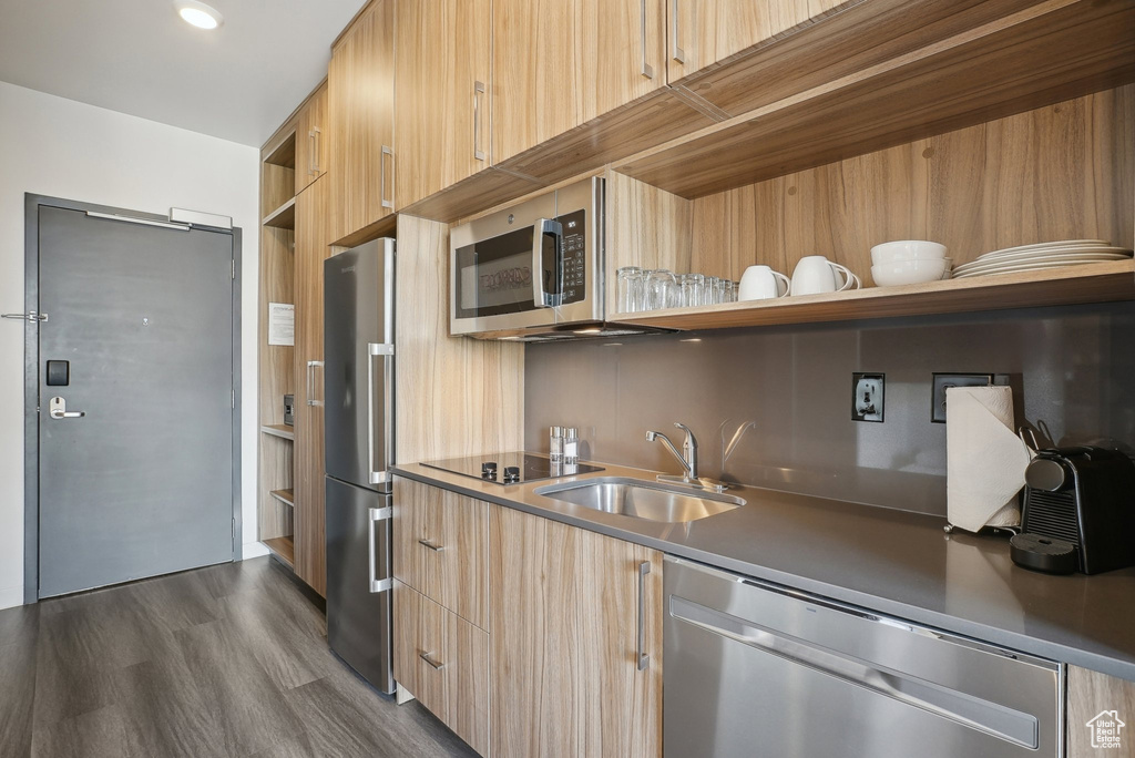 Kitchen with modern cabinets, a sink, appliances with stainless steel finishes, and open shelves