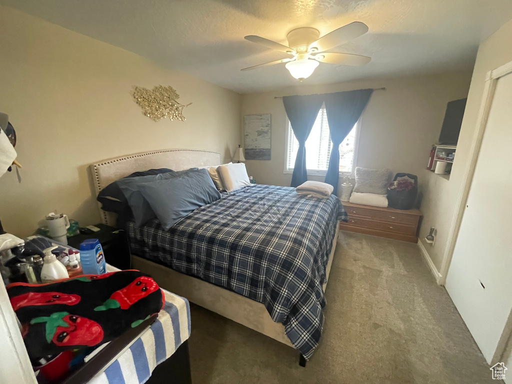 Carpeted bedroom with a ceiling fan