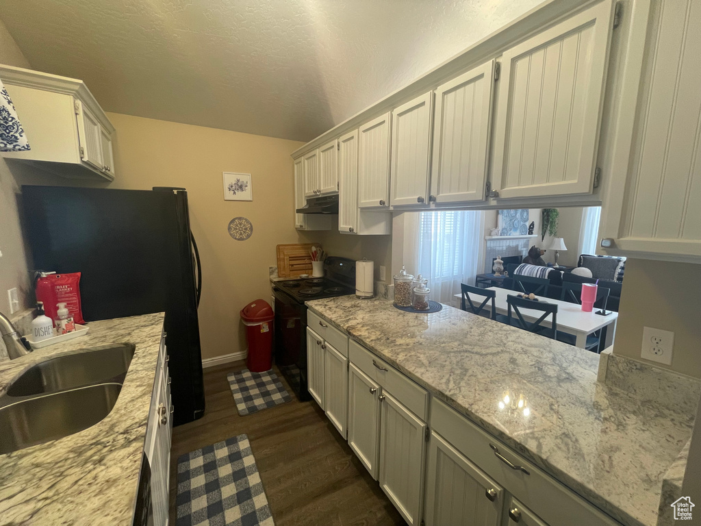 Kitchen featuring dark wood finished floors, under cabinet range hood, a sink, light stone counters, and black appliances