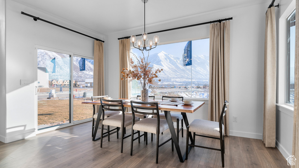Dining room featuring baseboards, a notable chandelier, plenty of natural light, and wood finished floors