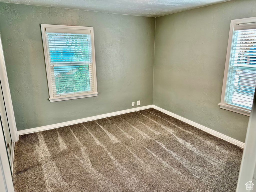 Unfurnished room with plenty of natural light, baseboards, dark colored carpet, and a textured wall