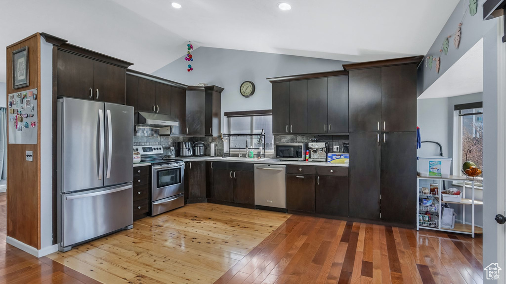 Kitchen with light countertops, lofted ceiling, under cabinet range hood, light wood finished floors, and appliances with stainless steel finishes