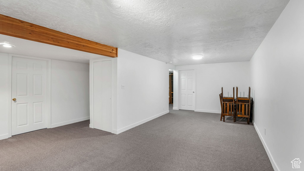 Finished basement featuring carpet flooring, baseboards, and a textured ceiling