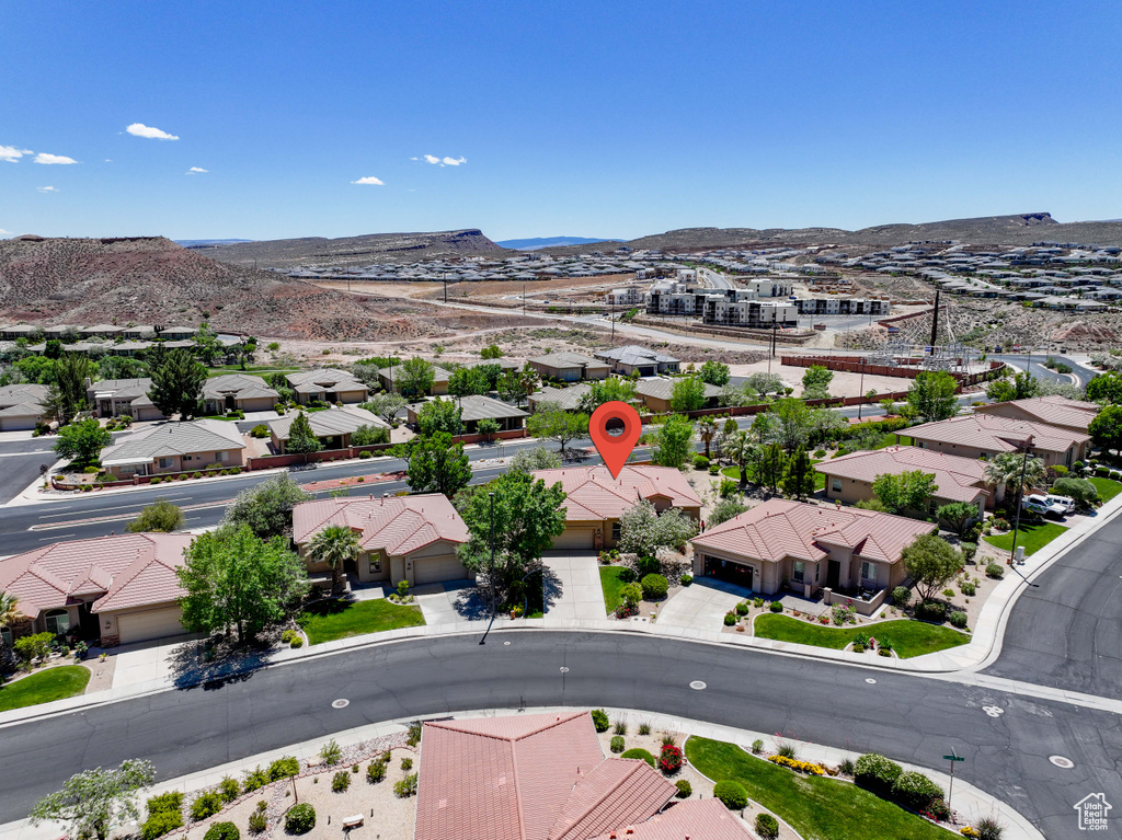 Aerial perspective of suburban area featuring mountains
