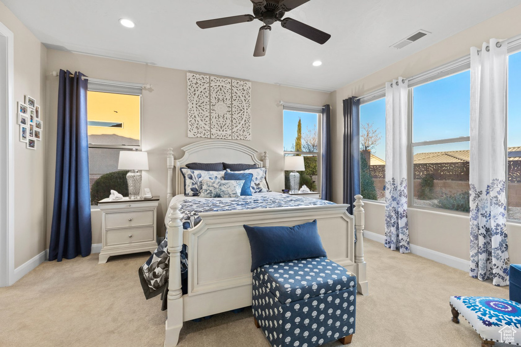 Bedroom with recessed lighting, visible vents, carpet, and baseboards