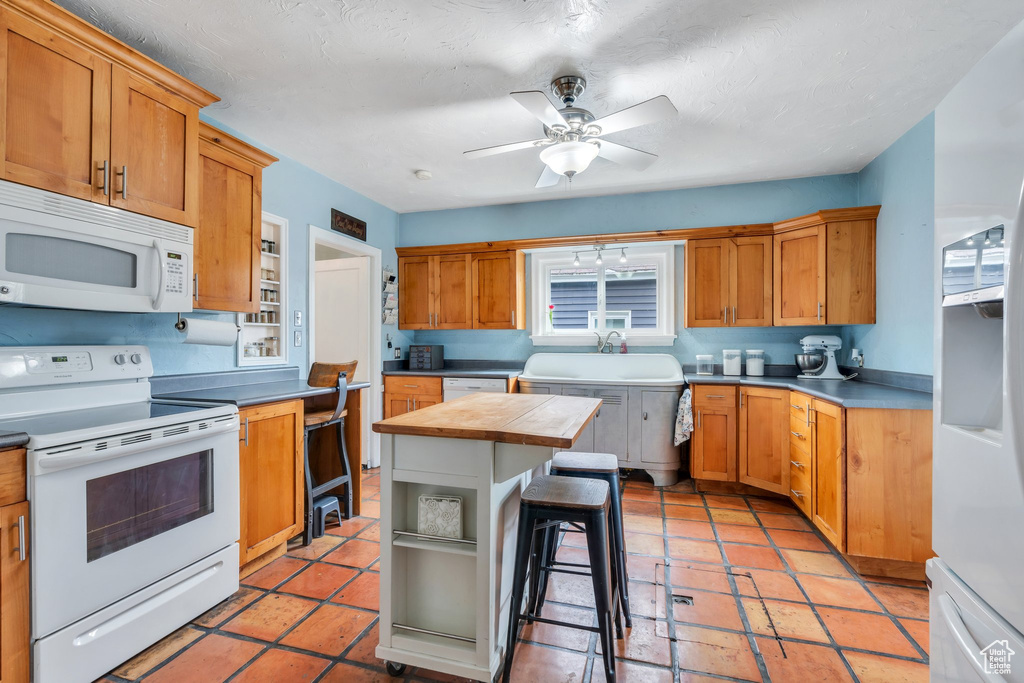 Kitchen featuring a ceiling fan, a sink, a kitchen bar, and white appliances