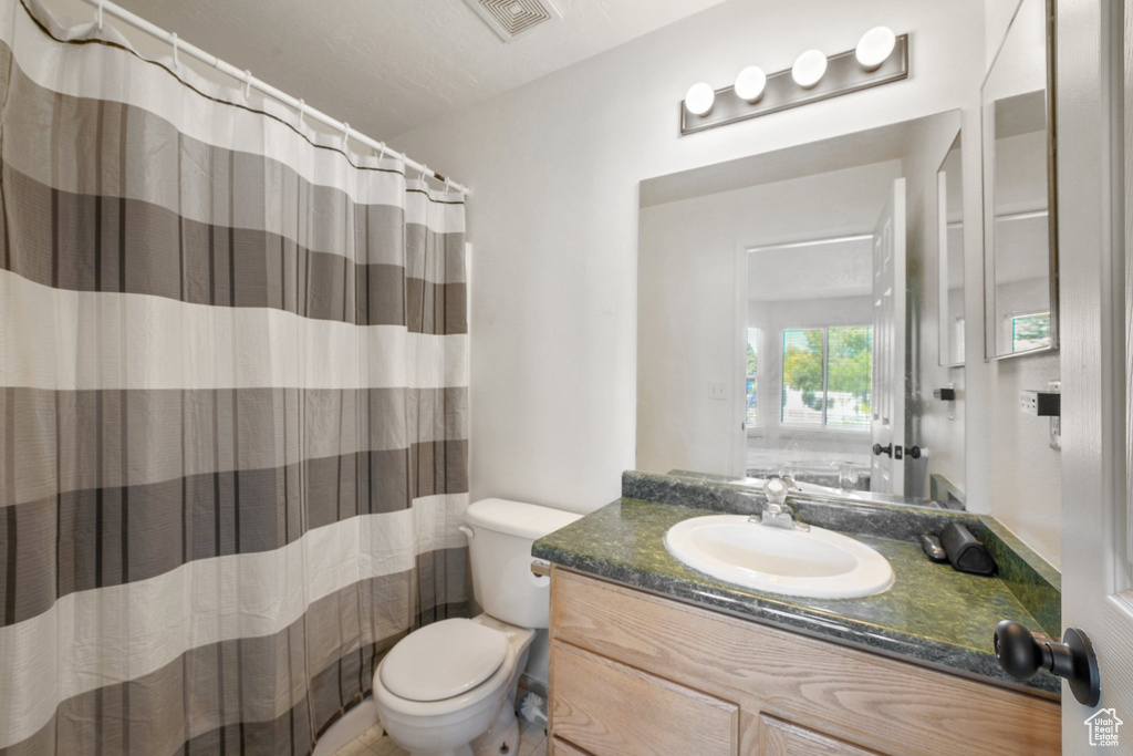 Bathroom featuring toilet, vanity, and curtained shower